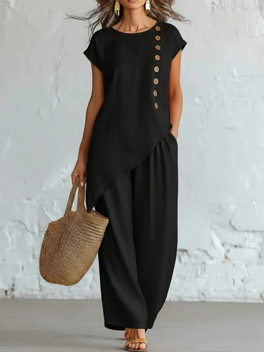 Asymmetrical Short-Sleeved Top And Wide-Leg Trousers Set