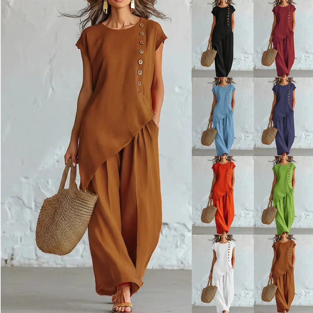 Asymmetrical Short-Sleeved Top And Wide-Leg Trousers Set