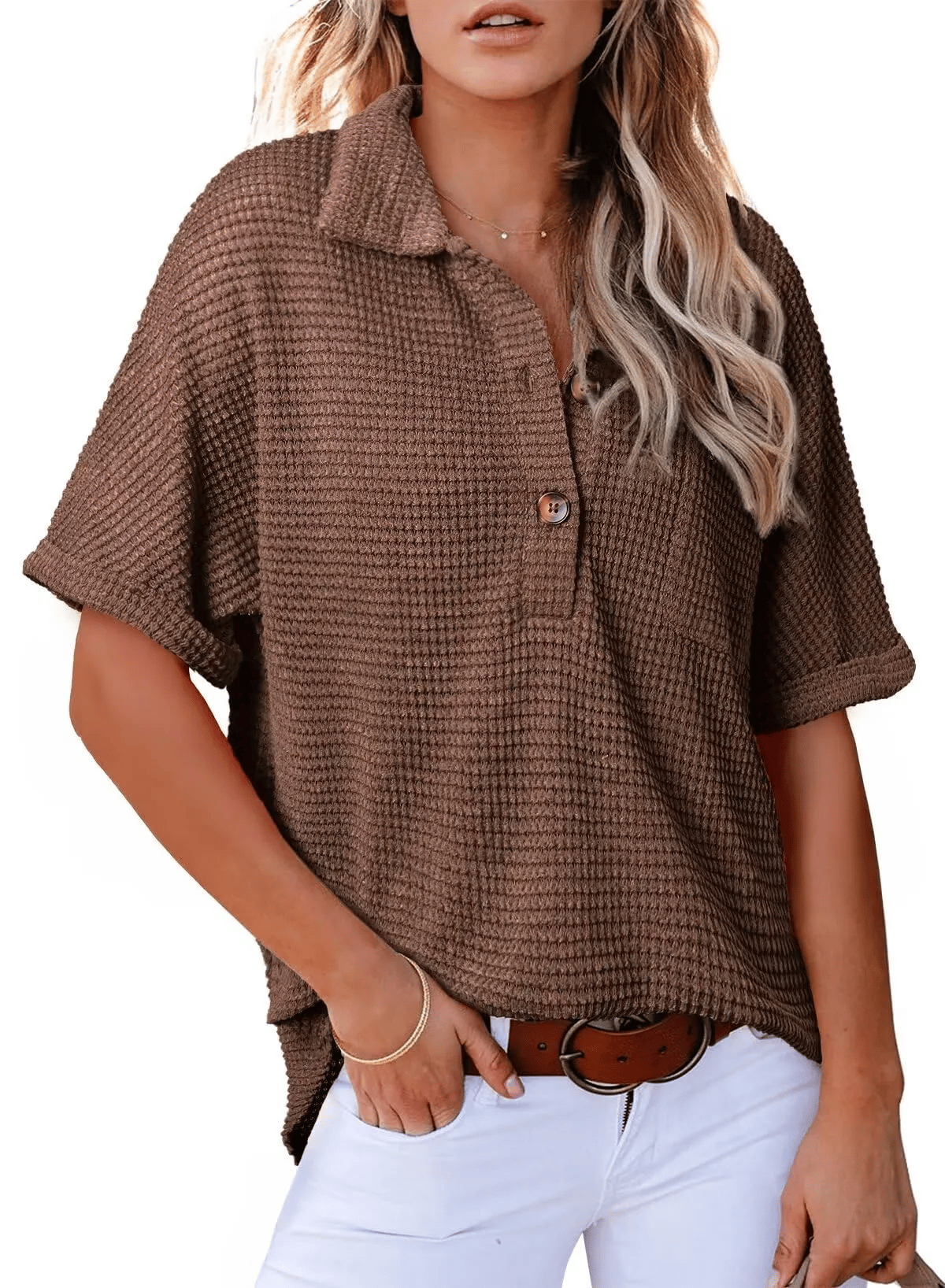 Women's Waffle Knit Short-Sleeve Tunic Henley Shirts