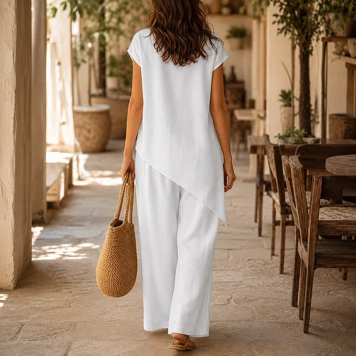 Asymmetrical Short-Sleeved Top And Wide-Leg Trousers Set