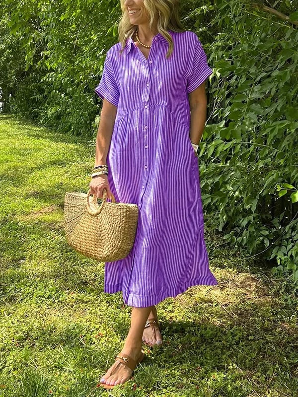 Striped Lapel Button Down Shirt Dress-With Functional Pockets