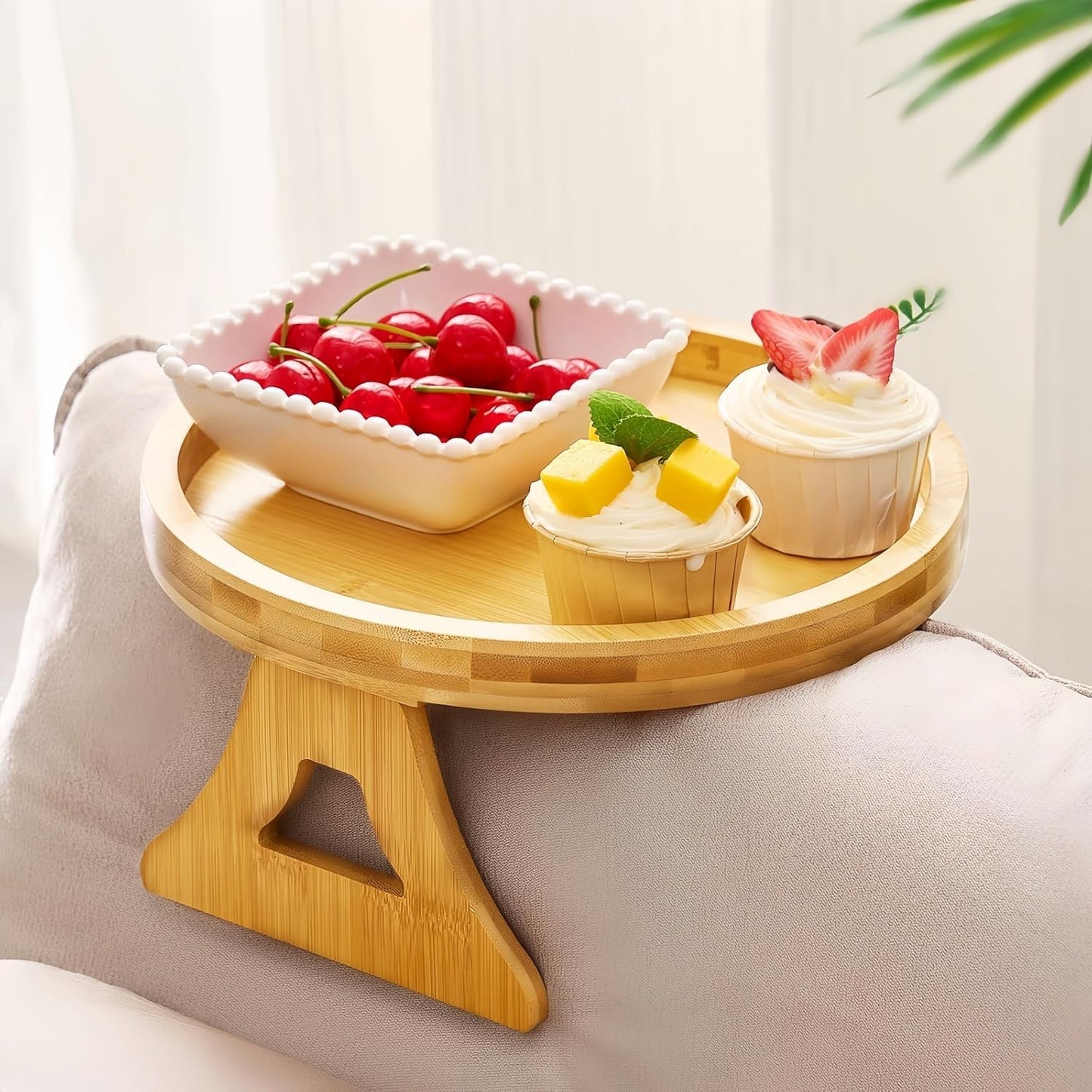 Natural Solid Wood Round Sofa Tray
