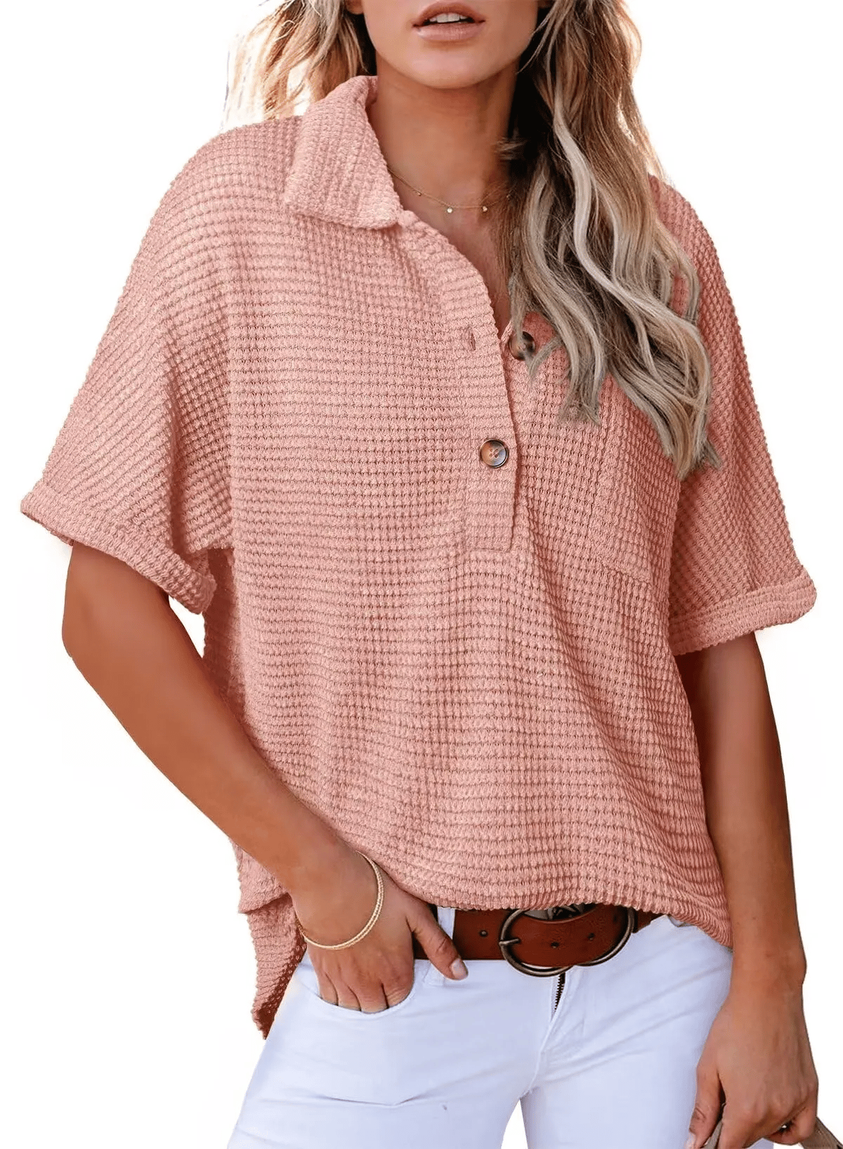 Women's Waffle Knit Short-Sleeve Tunic Henley Shirts