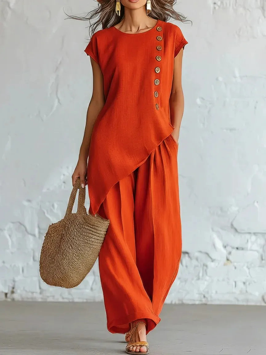 Asymmetrical Short-Sleeved Top And Wide-Leg Trousers Set