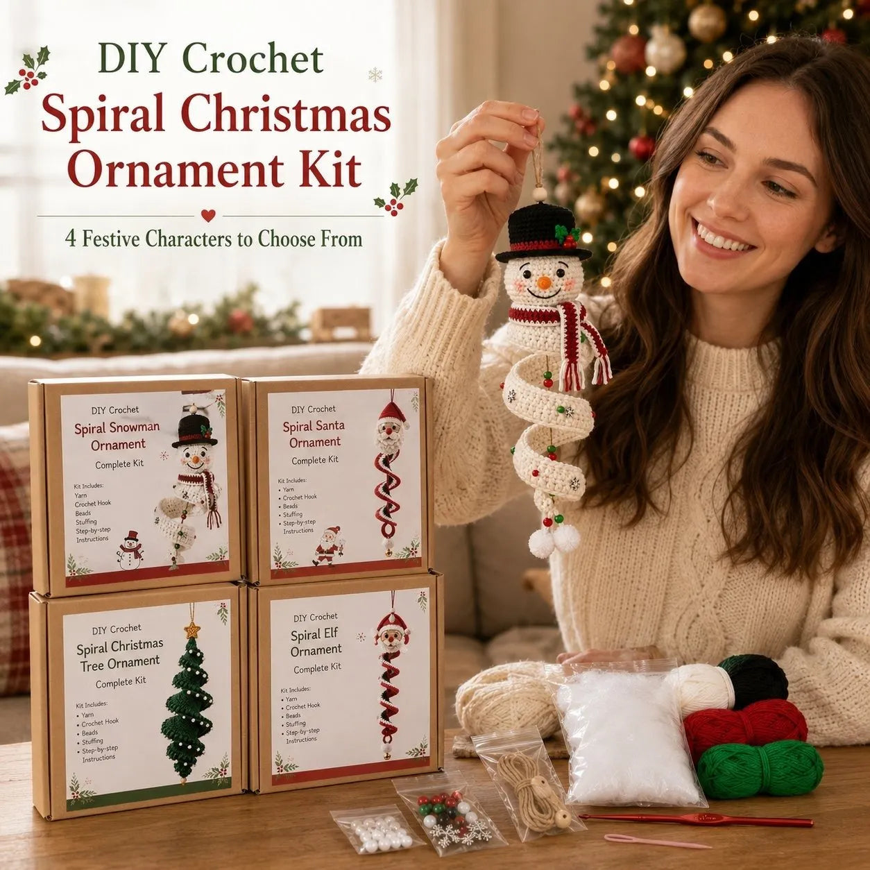 🎉☃️ Crochet Snowman Spiral Ornament DIY Kit | Complete Beginner-Friendly Set with Soft Yarn, Crochet Hook, Festive Beads, Snowflakes & Step-by-Step Guide 🧶🎄✨