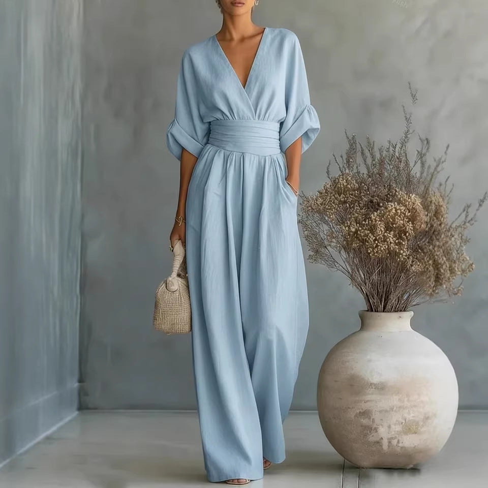 👠Women's Solid-Color Elegant V-Neck Jumpsuit with Waist-Defining Fit