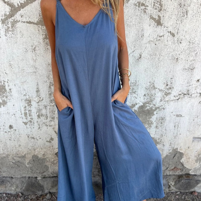 Women's Casual Loose Cotton-Linen Blend Jumpsuit with Pockets And Adjustable Straps