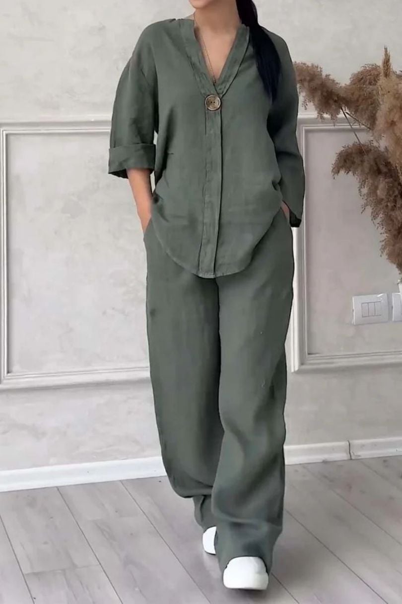 Women's Casual Button Decorated Cotton And Linen Two-Piece Set