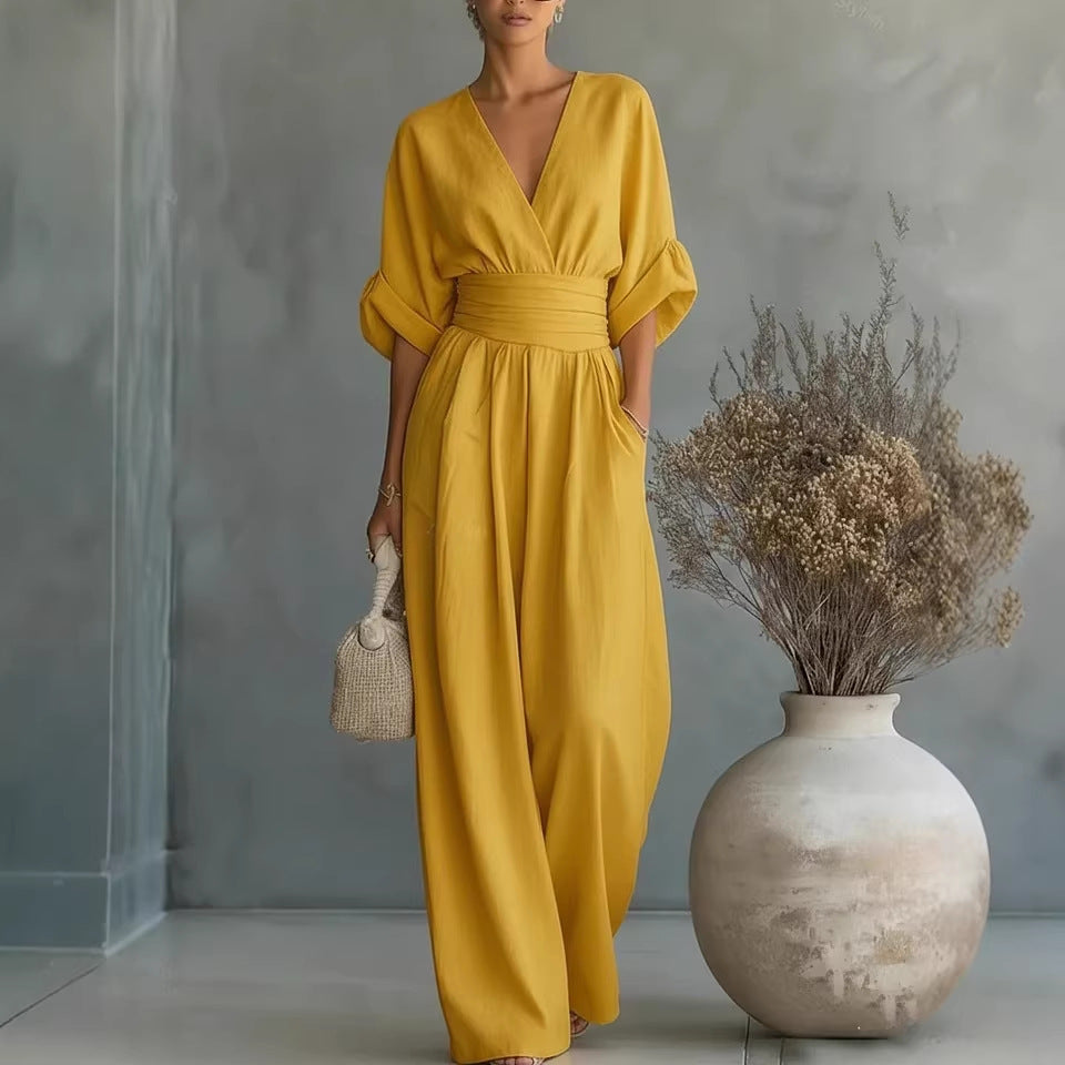 👠Women's Solid-Color Elegant V-Neck Jumpsuit with Waist-Defining Fit