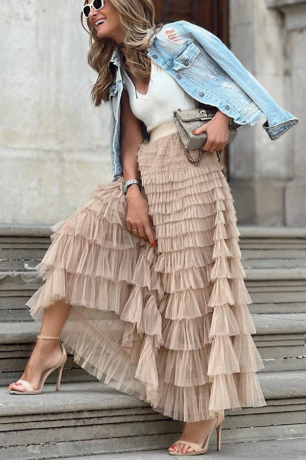 Tiered Elastic Waist Tulle Maxi Skirt