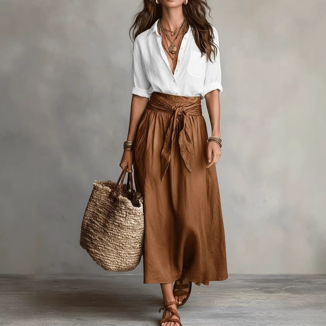 ⛱️Women Black Color-Block T-Shirt and Olive Green Midi Skirt