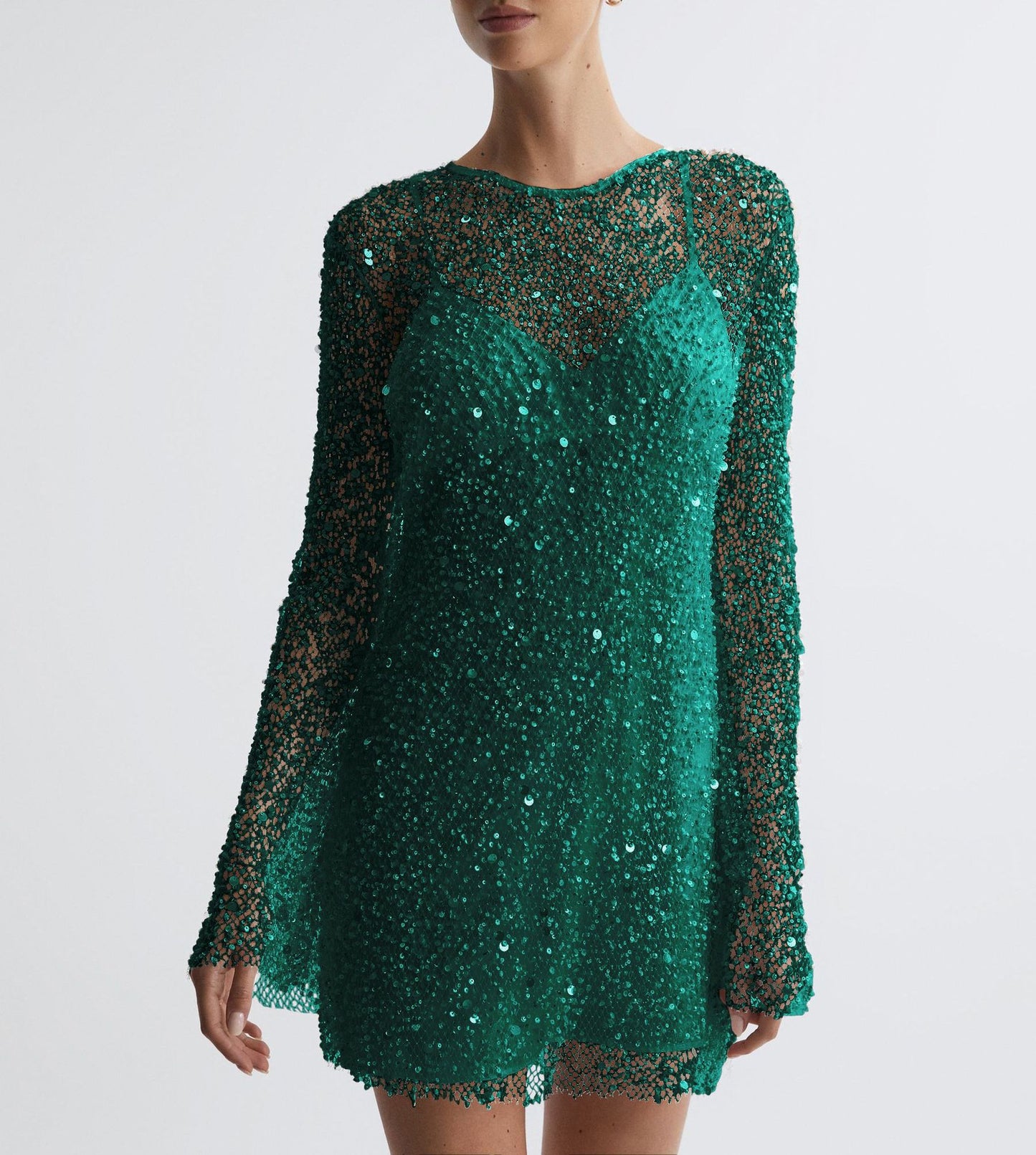 Crystal Embellished Gauze Mini Dress