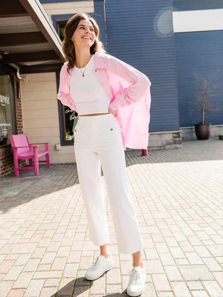 Women Stretch Tummy Control Twill Cropped Wide Leg Pant (BUY 2 FREE SHIPPING)
