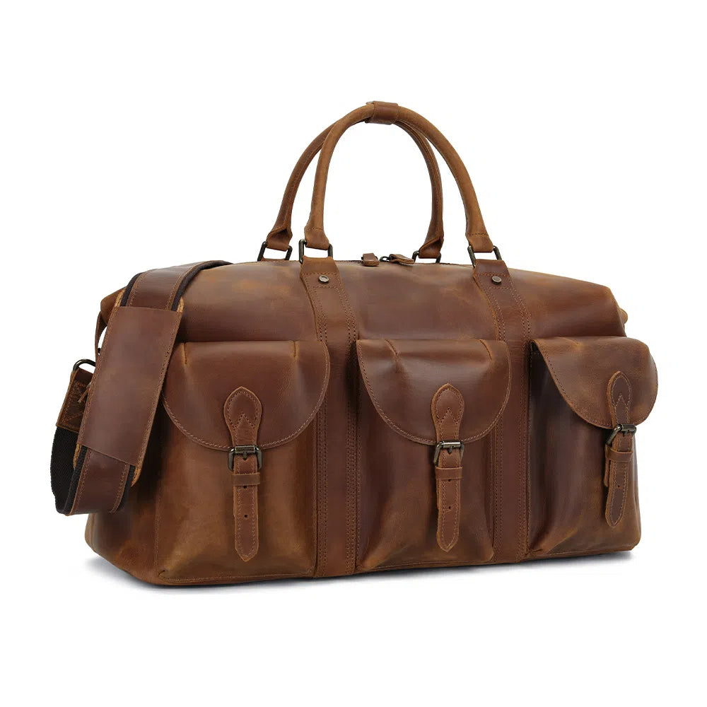 Vintage Leather Duffle Bag with Multiple Pockets