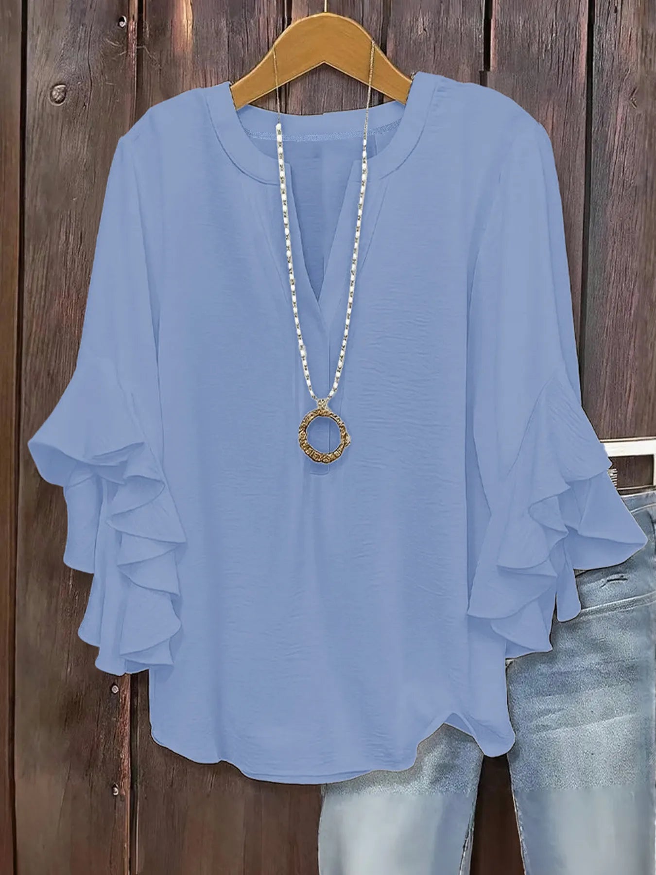 Women's V-Neck Top With Ruffle Sleeves