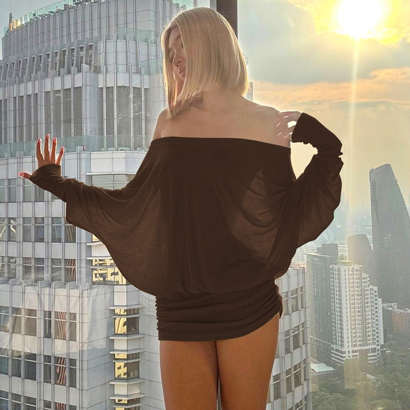 Women's Off The Shoulder Ruched Party Dress Sheer Long Sleeve Mini Dress Elegant Bodycon Dresses