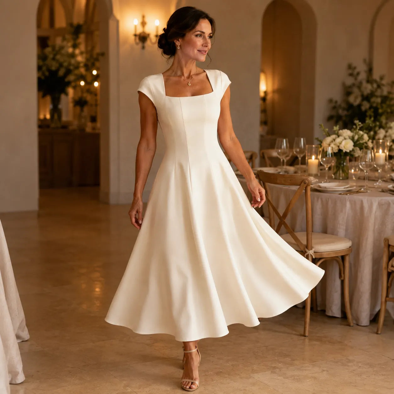 Women's Elegant Square-Neck A-Line Summer Dress