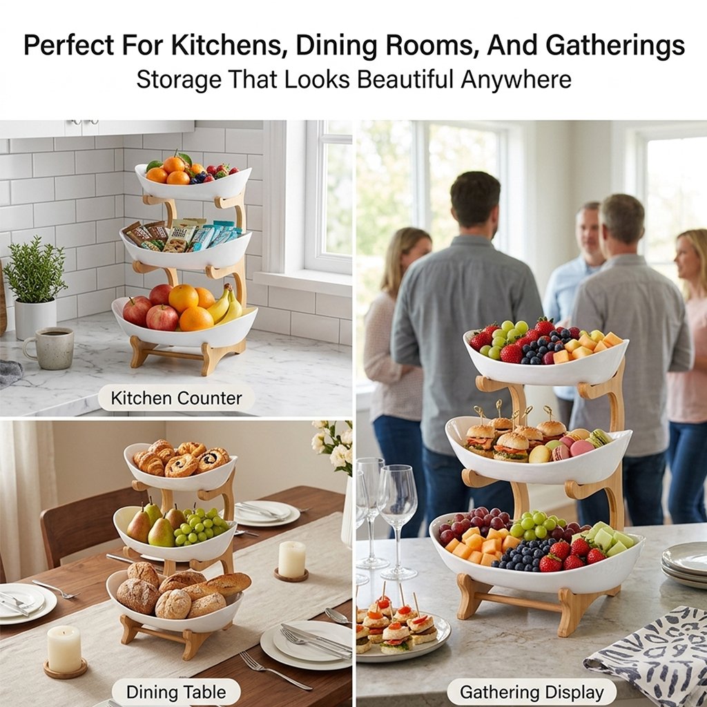 3-Tier Vertical Fruit Basket with Bamboo Stand