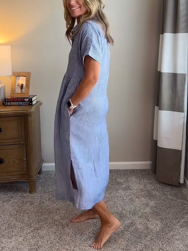 Striped Lapel Button Down Shirt Dress-With Functional Pockets