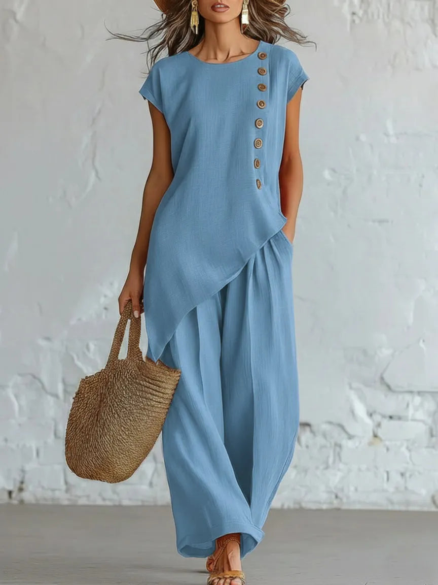 Asymmetrical Short-Sleeved Top And Wide-Leg Trousers Set
