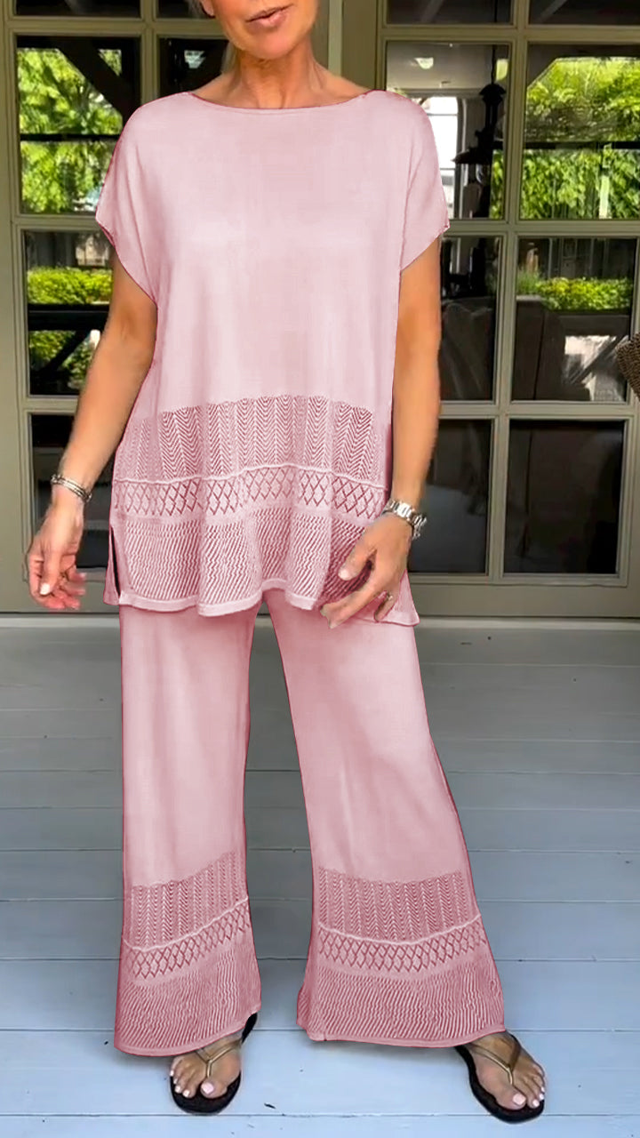 Two-Piece Suit with Round Neck, Short Sleeves and Cutout Design
