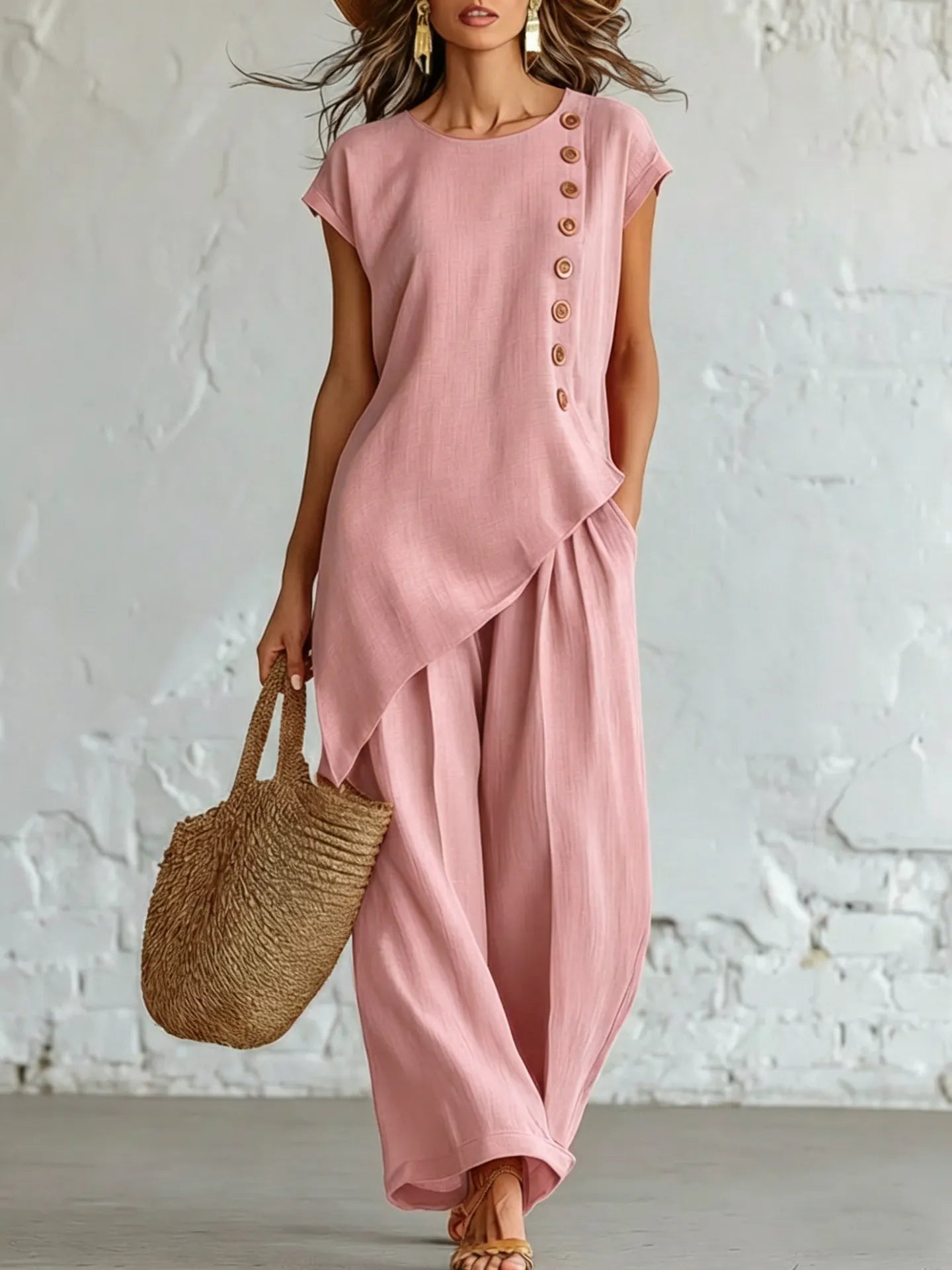 Asymmetrical Short-Sleeved Top And Wide-Leg Trousers Set