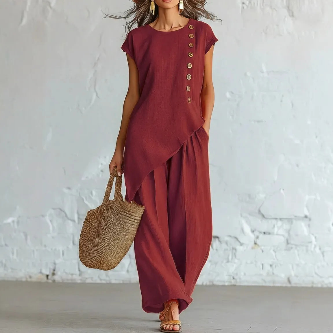 Asymmetrical Short-Sleeved Top And Wide-Leg Trousers Set
