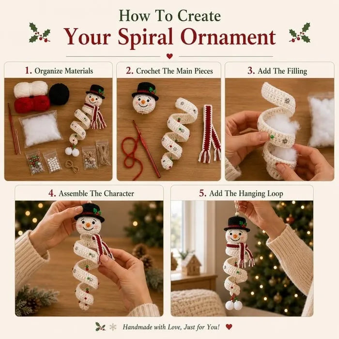 🎉☃️ Crochet Snowman Spiral Ornament DIY Kit | Complete Beginner-Friendly Set with Soft Yarn, Crochet Hook, Festive Beads, Snowflakes & Step-by-Step Guide 🧶🎄✨
