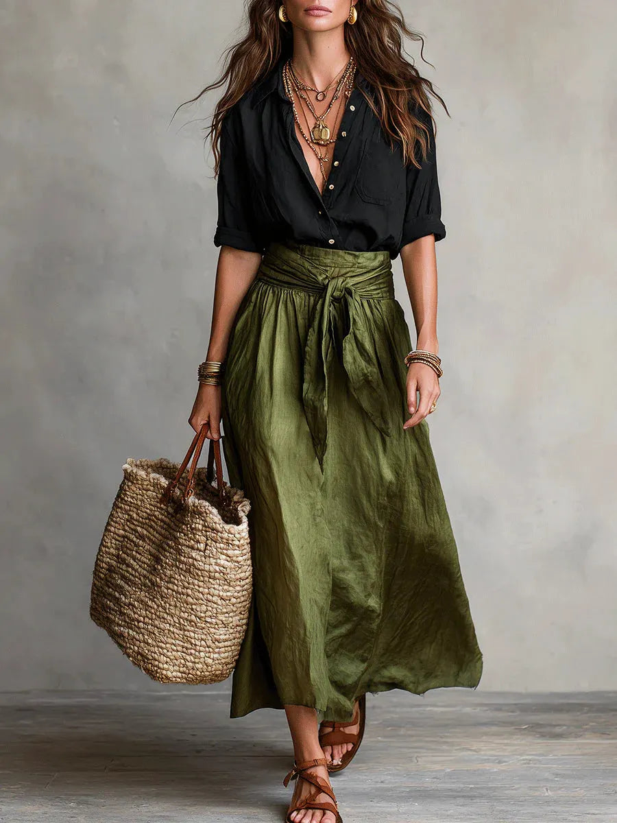 ⛱️Women Black Color-Block T-Shirt and Olive Green Midi Skirt