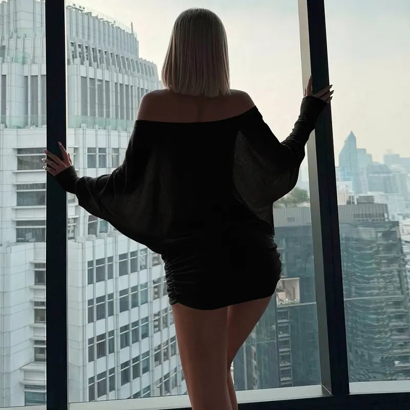 Women's Off The Shoulder Ruched Party Dress Sheer Long Sleeve Mini Dress Elegant Bodycon Dresses