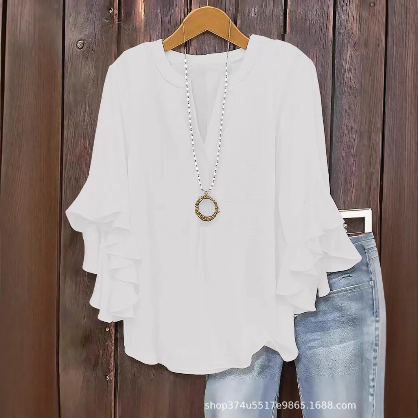 Women's V-Neck Top With Ruffle Sleeves