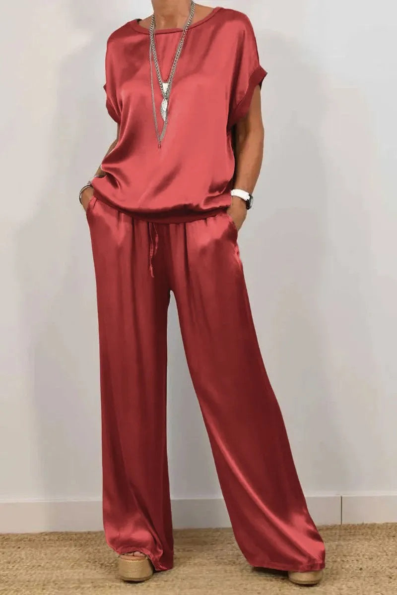 Women's Solid-Color Satin Casual Set（Short-Sleeve Top & Long Pants）