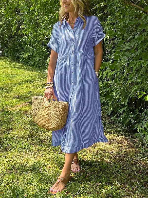 Striped Lapel Button Down Shirt Dress-With Functional Pockets