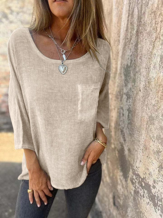 Round Neck Pocket Casual Cotton And Linen T-shirt (Buy 2 Free Shipping)