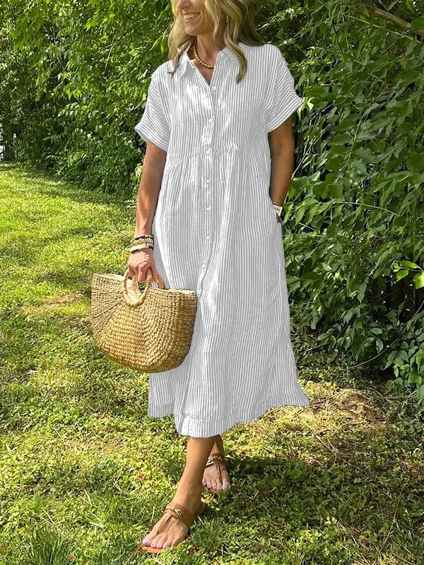 Striped Lapel Button Down Shirt Dress-With Functional Pockets