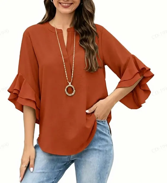 Women's V-Neck Top With Ruffle Sleeves