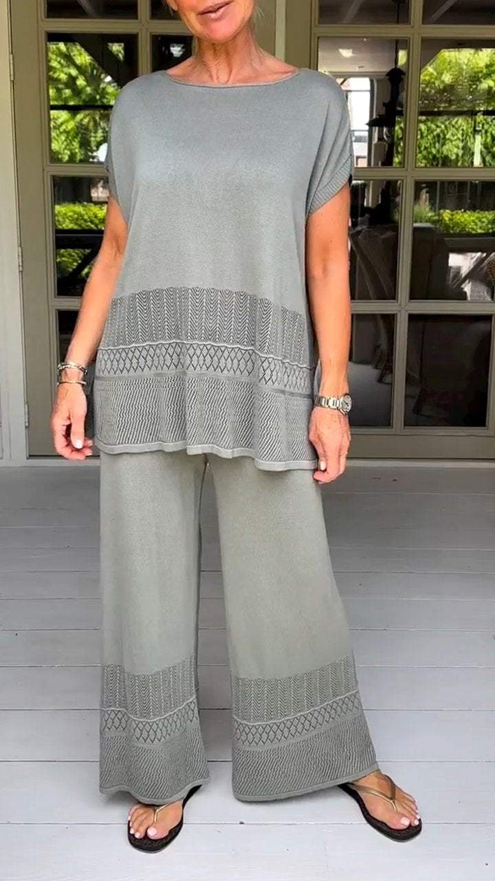 Two-Piece Suit with Round Neck, Short Sleeves and Cutout Design