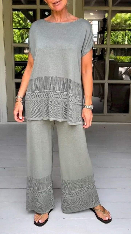 Two-Piece Suit with Round Neck, Short Sleeves and Cutout Design