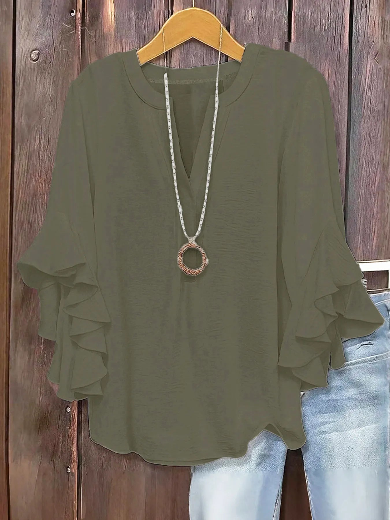Women's V-Neck Top With Ruffle Sleeves