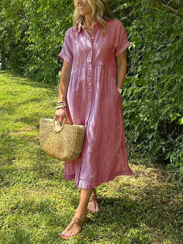 Striped Lapel Button Down Shirt Dress-With Functional Pockets