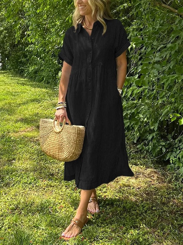 Striped Lapel Button Down Shirt Dress-With Functional Pockets