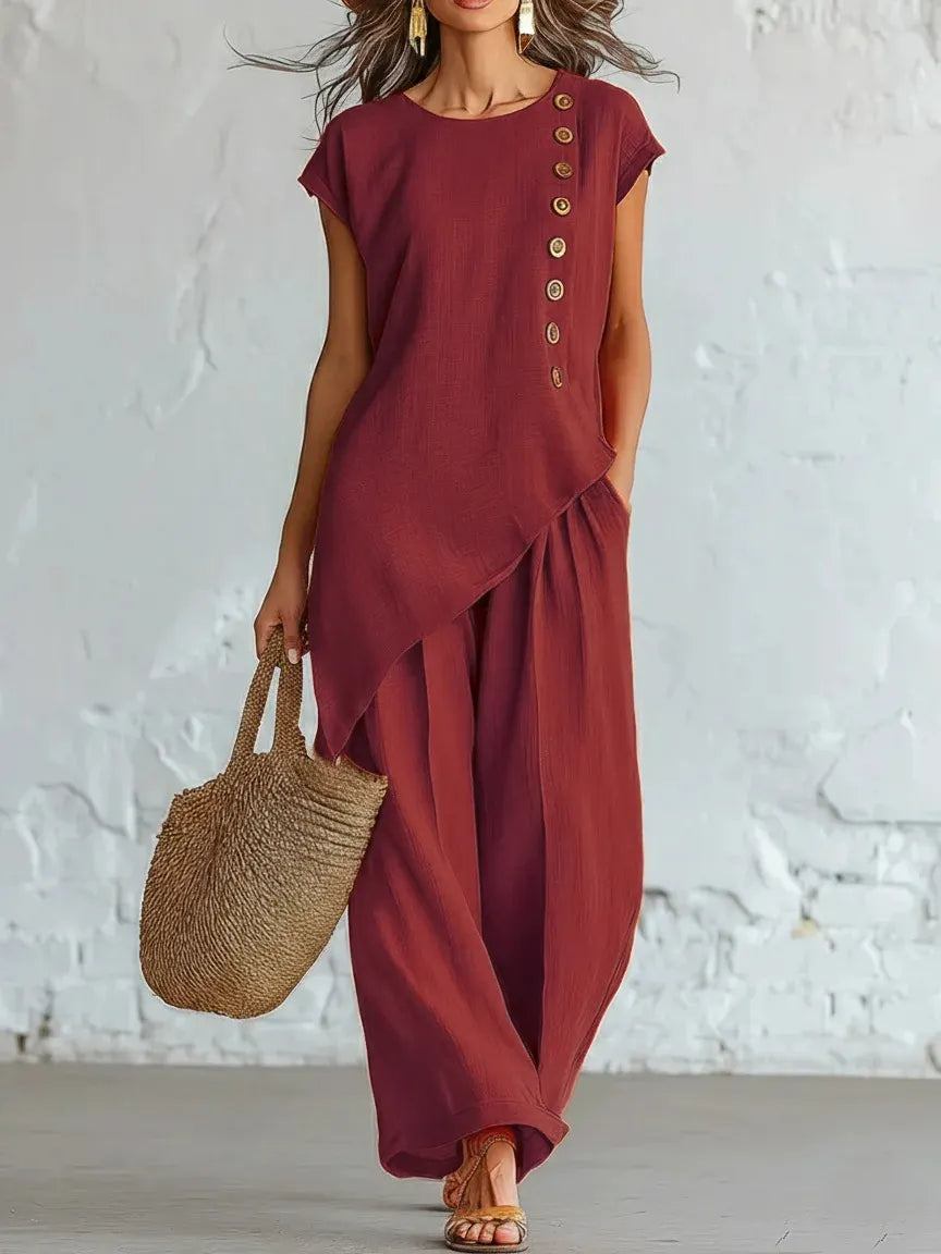 Asymmetrical Short-Sleeved Top And Wide-Leg Trousers Set