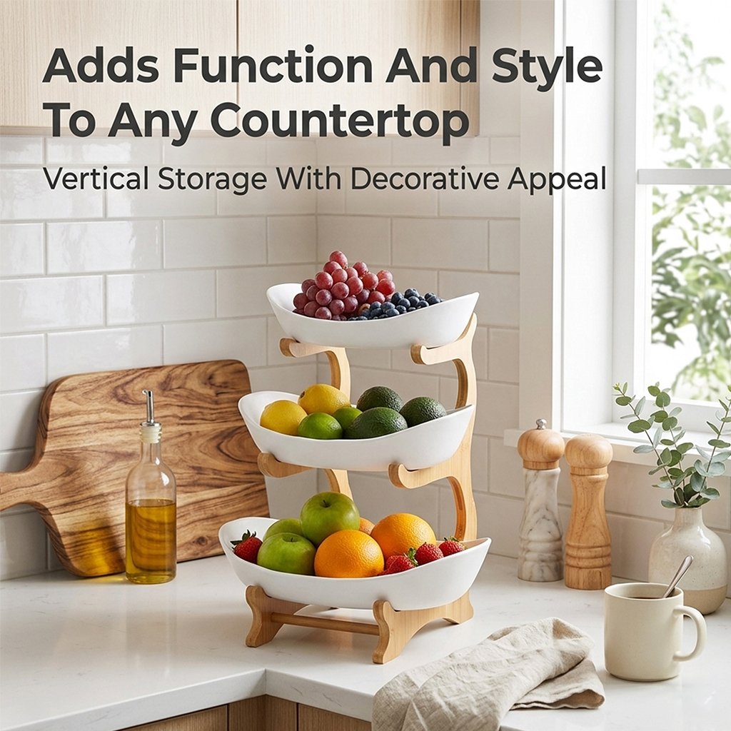 3-Tier Vertical Fruit Basket with Bamboo Stand