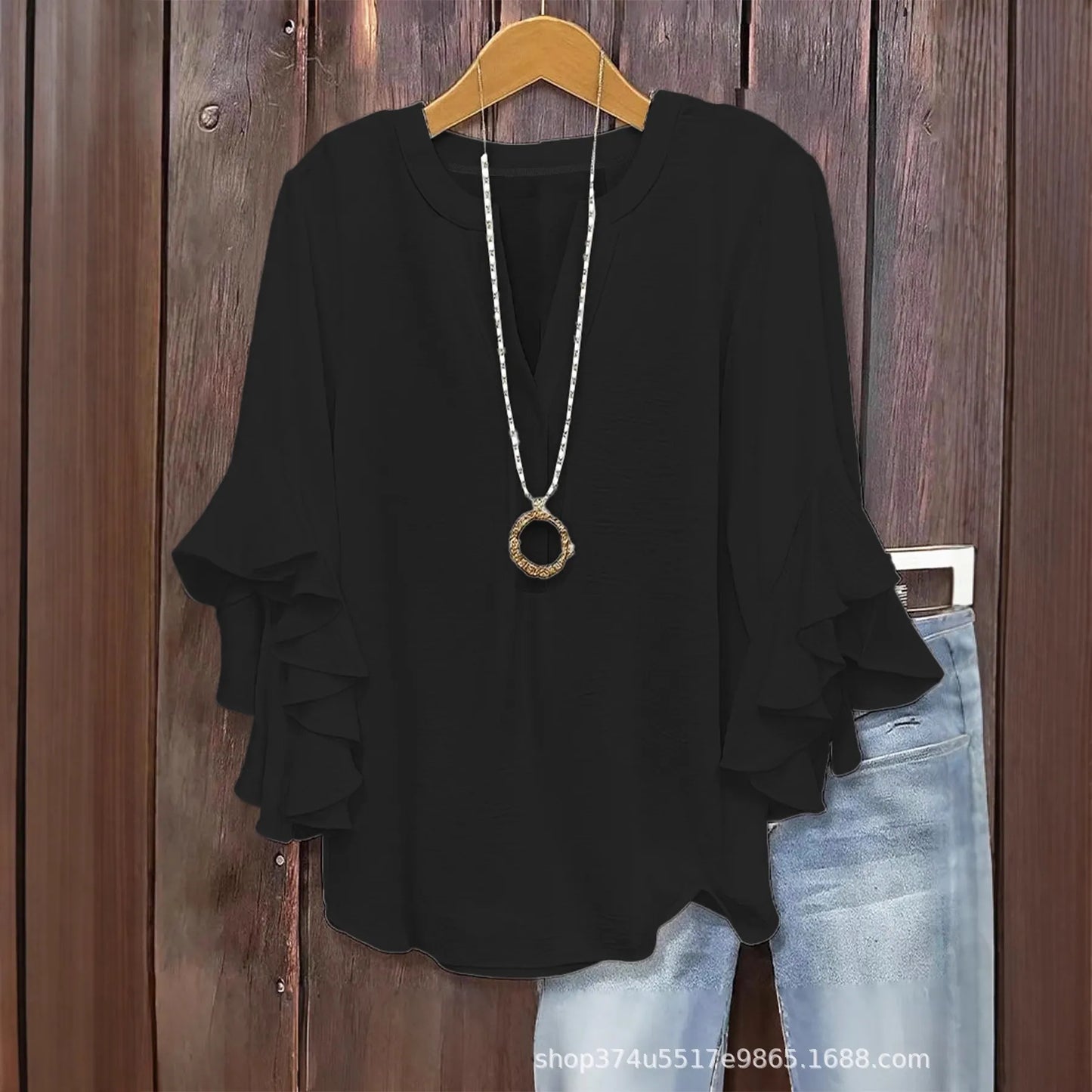 Women's V-Neck Top With Ruffle Sleeves