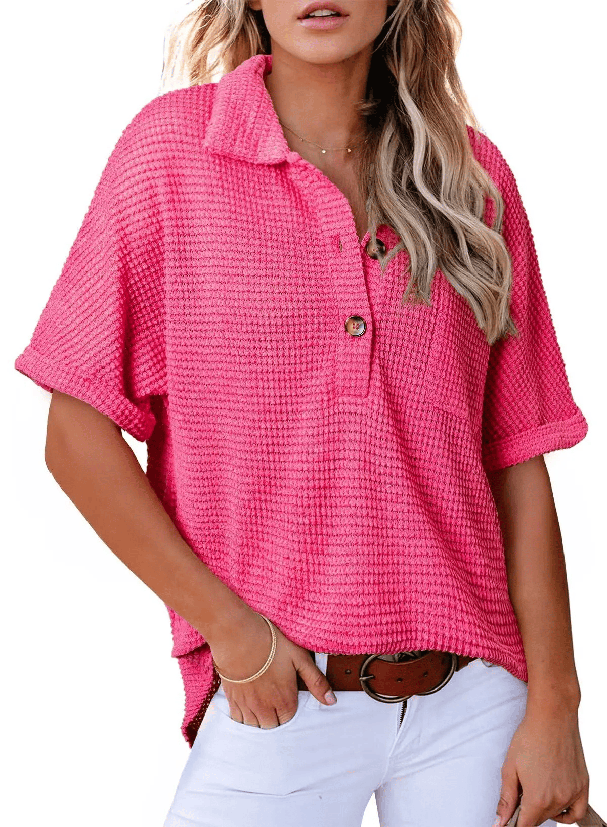 Women's Waffle Knit Short-Sleeve Tunic Henley Shirts