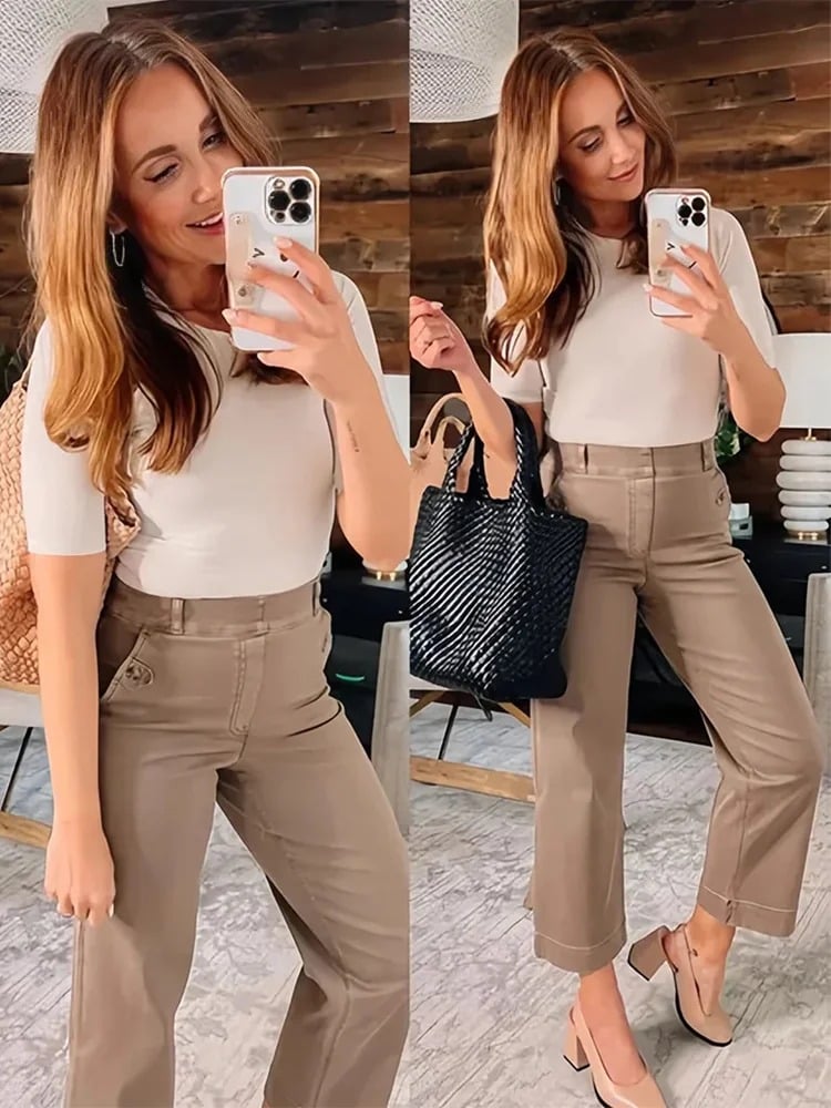 Women Stretch Tummy Control Twill Cropped Wide Leg Pant (BUY 2 FREE SHIPPING)