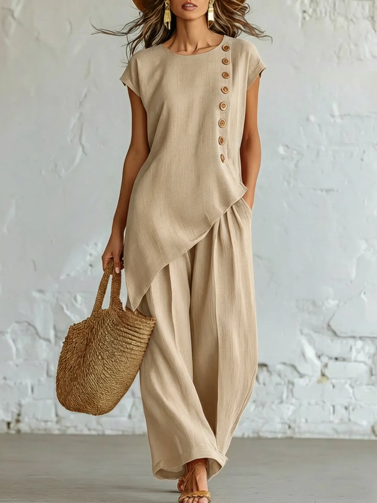 Asymmetrical Short-Sleeved Top And Wide-Leg Trousers Set