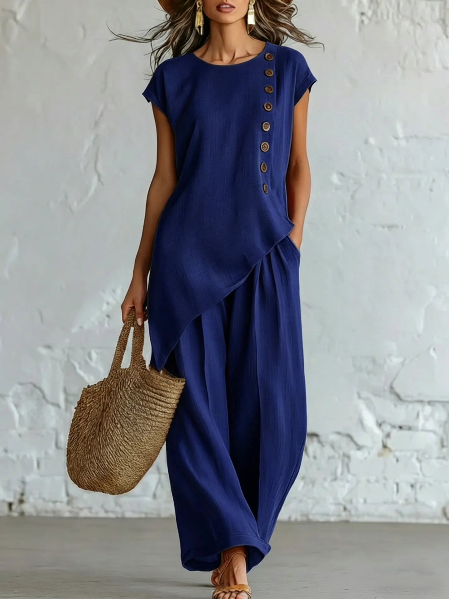 Asymmetrical Short-Sleeved Top And Wide-Leg Trousers Set