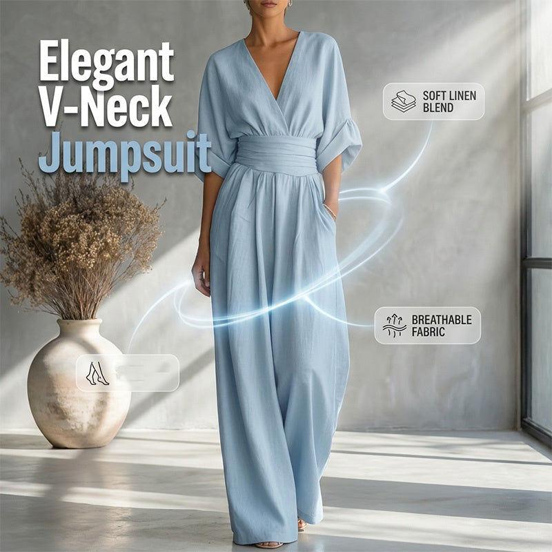 👠Women's Solid-Color Elegant V-Neck Jumpsuit with Waist-Defining Fit