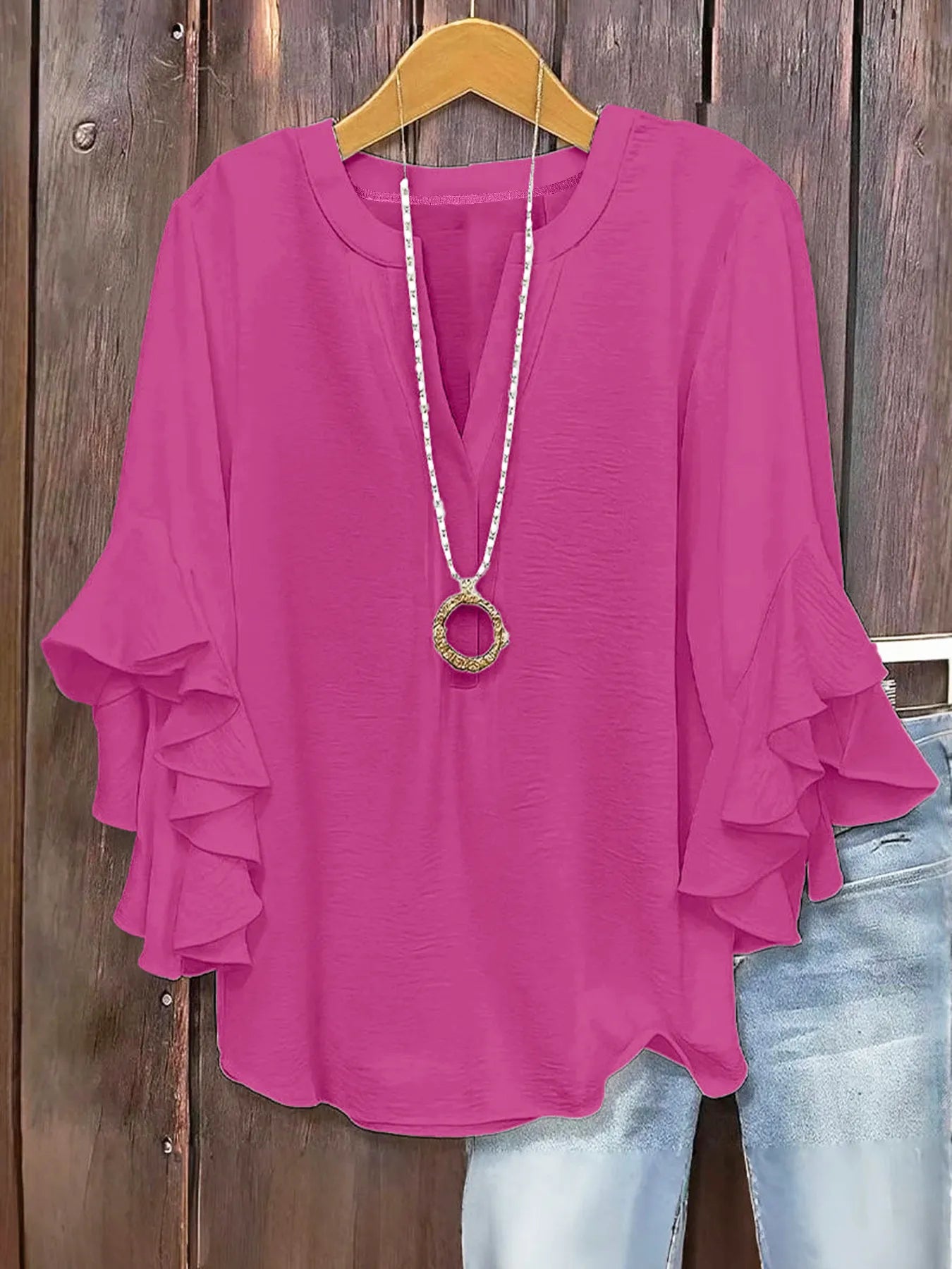 Women's V-Neck Top With Ruffle Sleeves